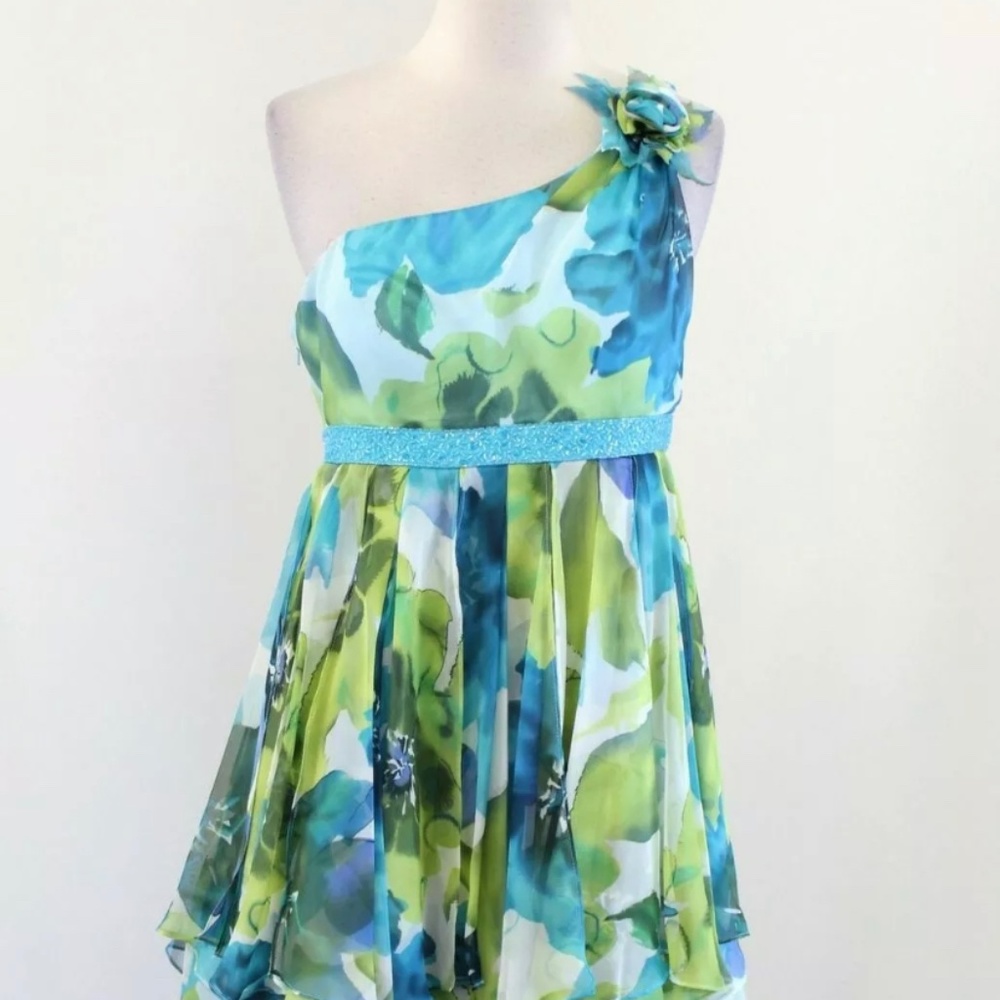 Terani Blue Green Floral One Shoulder Ruffle Layered Evening Party Prom Dress 8